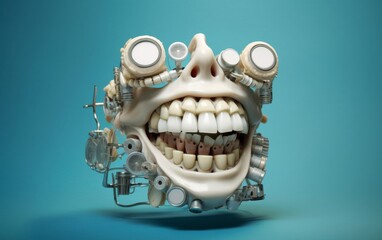 Mechanical Device With Teeth and Eyes on Blue Background - obrazy, fototapety, plakaty