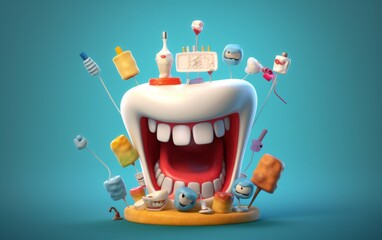 Animated Dental Hygiene Fiesta on Blue Background