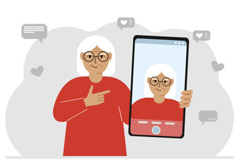 A female video blogger records or watches a video or photo on a smartphone. Various social media icons.