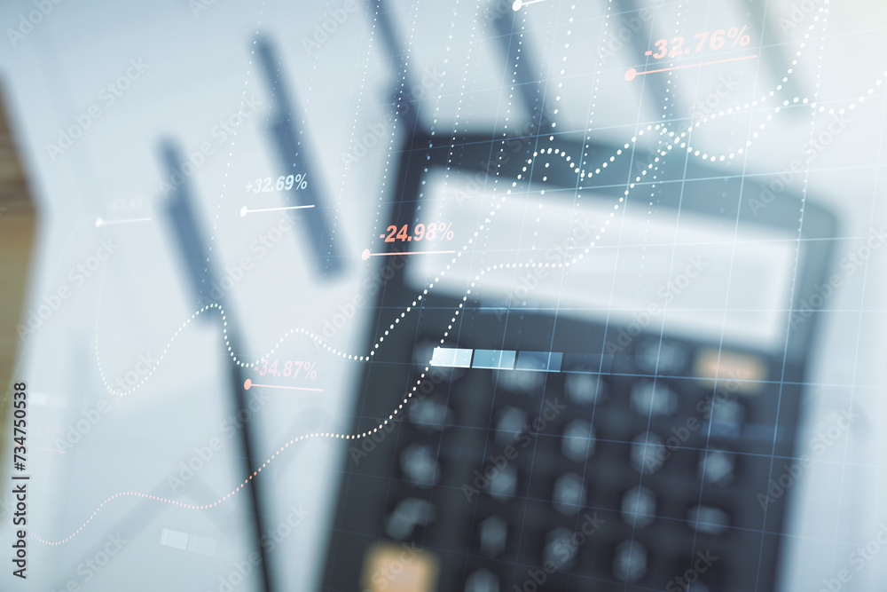 Poster Multi exposure of abstract statistics data hologram interface on calculator and papers background, computing and analytics concept