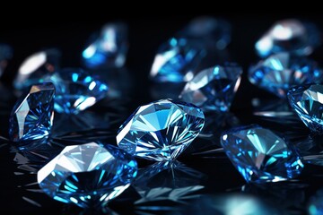 Brilliant blue diamonds scattered on dark surface, sparkling intensely - 734750519