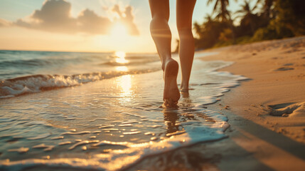Legs and feet a young woman running barefoot on the beach enjoying her summer holidays