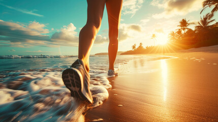 Legs of a woman wearing sports shoes running on the beach on summer holidays - obrazy, fototapety, plakaty