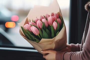 Person holding a bouquet of pink tulips wrapped in brown paper, with a blurred background.