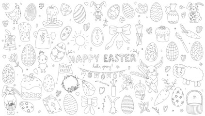 Happy Easter doodle set. Easter bunny, butterflies, chick, eggs, branches and flowers. Vector illustration isolated on white background