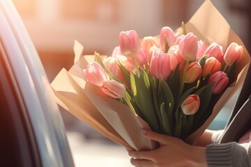 Person holding a beautiful bouquet of pink and orange tulips wrapped in paper, illuminated by soft sunlight - 734750597