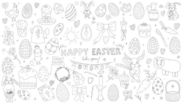 Happy Easter doodle set. Easter bunny, butterflies, chick, eggs, branches and flowers. Vector illustration isolated on white background