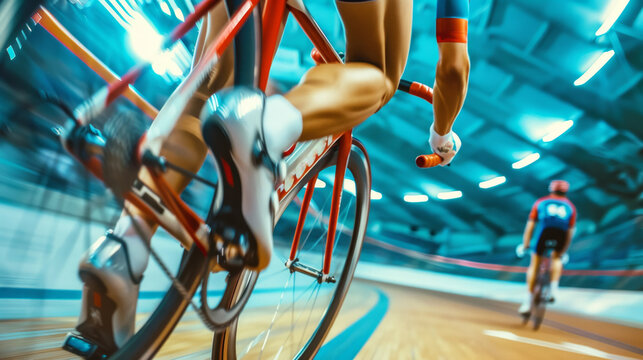 Legs of a track cycling cyclist at a bicycle racing competition with blur from speed of the cycle