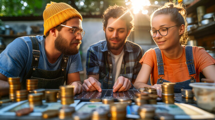 Three young man and woman with hipster style counting and comparing their savings with stack of coins in front of them