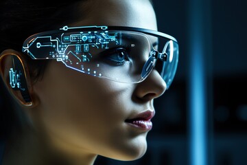 Woman with futuristic augmented reality glasses displaying digital data overlays - 734750715