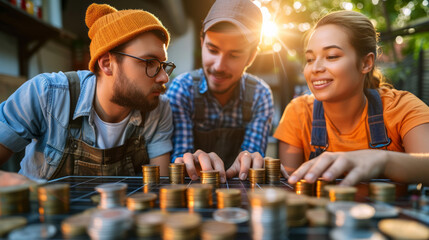 Three young man and woman with hipster style counting and comparing their savings with stack of coins in front of them - obrazy, fototapety, plakaty