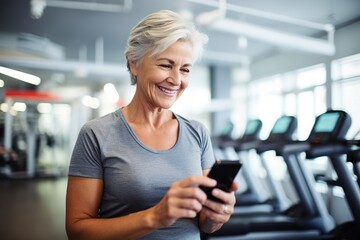 Smiling senior woman using a smartphone at the gym, with exercise equipment in the background - 734750759