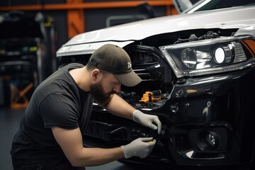 Focused mechanic working on a car's front end in a workshop - 734750921