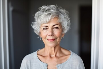 Confident senior woman with curly grey hair and white blouse - 734750930
