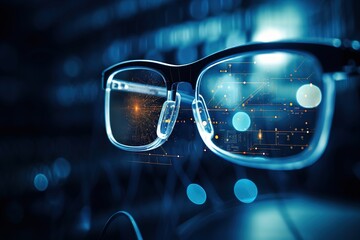 Close-up of eyeglasses with a digital interface overlay and blurred blue background