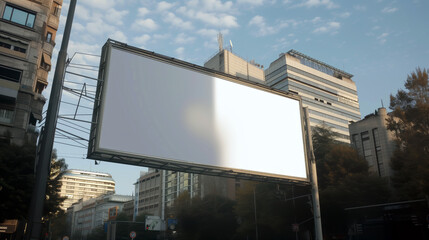 A towering billboard stands prominently in the middle of a bustling city, blank copy space