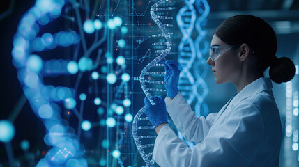 woman with digital DNA helix and data screen - digitalization of medicine
