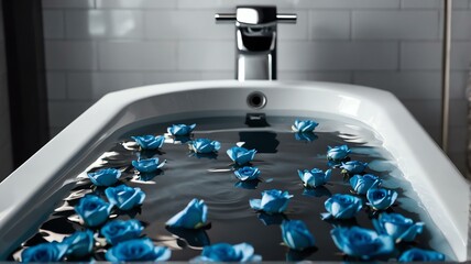 Blue roses petals floating on a luxury bath tub with water from Generative AI