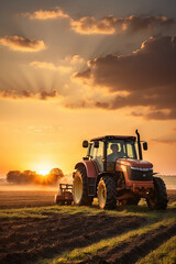 Modern tractor plowing at the sunset background. Generative Ai