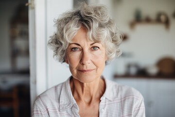 Confident senior woman with curly grey hair and white blouse - 734751357