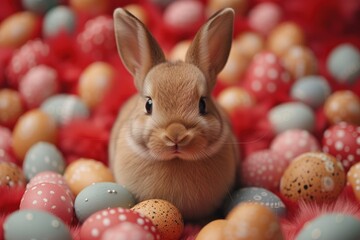 Fototapeta na wymiar Easter rabbit against background of multi-colored Easter eggs, Easter day concept