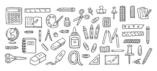 Stationery doodle icon set. Art education line hand drawn elements - pencil, pen, washi tape, globe, glue, crayons hand drawn school supply illustration