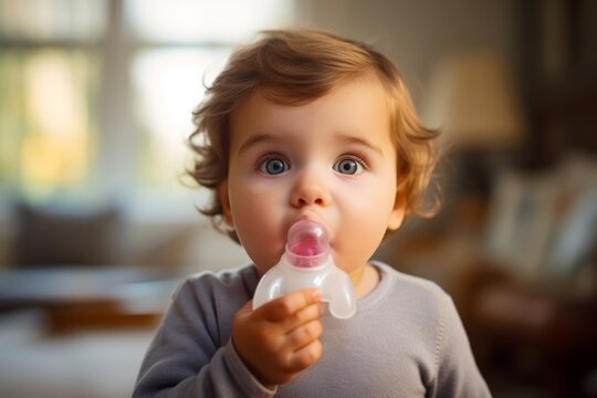 
Photo of an adorable toddler with a baby's dummy in their mouth, soft focus on their cherubic face