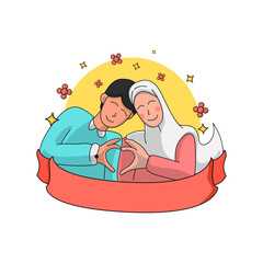 Muslim cartoon for wedding invitation with ribbon