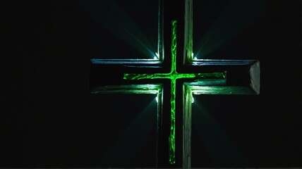 Cross on plain black background with lime green light flares from Generative AI