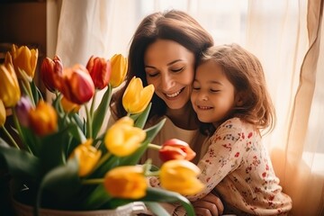 Mother and daughter embracing and smiling, holding a bouquet of yellow tulips - 734751732