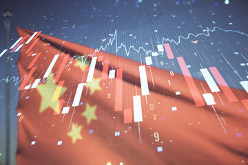 Economic crisis chart and world map hologram on Chinese flag and blue sky background, bankruptcy...