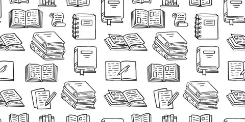 Books seamless pattern with doodle illustration. Literature education, library literature, open novel, dictionary, notes with pen, textbook line background hand drawn elements - 734751785
