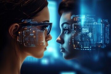 Woman wearing augmented reality (AR) glasses with a digital interface projected in front of her eyes, symbolizing advanced technology, data analysis, or futuristic concepts - 734751908
