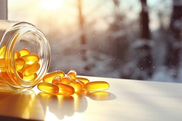 Small glass bottle alongside several gel capsules on a plate, bathed in warm sunlight by a window, suggesting a health or wellness theme - 734751944
