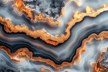 Papier Peint photo Lavable Cristaux This image showcases the natural beauty of a blue and orange banded agate stone, highlighting its mesmerizing patterns and colors.