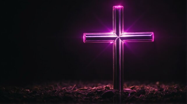 Cross on plain black background with purple pink light flares from Generative AI