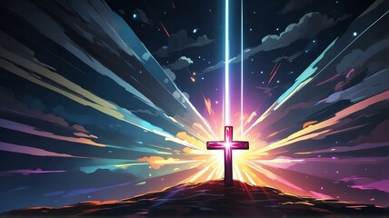 Cross on plain black background with white light flare from Generative AI