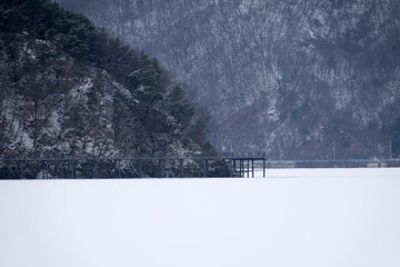 View of the frozen lakeside in winter