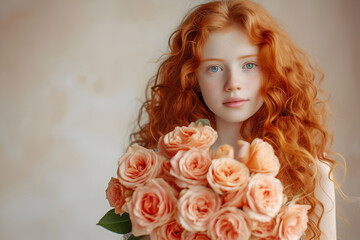 Red-haired girl with long curly hair holds a huge bouquet roses, natural light, light background