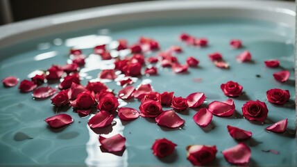 Pink roses petals floating on a luxury bath tub with water from Generative AI