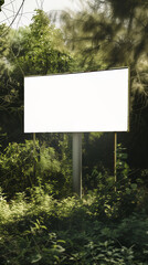 A photograph showcasing a sizeable white sign placed in the center of a forest.