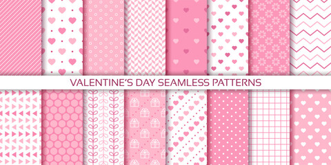 Pink backgrounds. Valentine's day seamless pattern. Love textures with heart, dots, zigzag and plaid. Cute romantic prints. Set retro wrapping papers. Girly romance backdrops. Vector illustration 