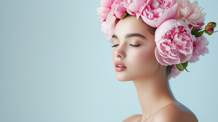 woman with pink peony flowers wreath on her head - obrazy, fototapety, plakaty