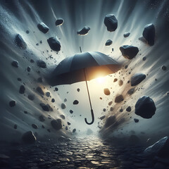 an impactful image portraying an umbrella shielding against a barrage of rocks, symbolizing protection and resilience, generative ai