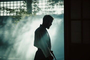 silhouette of aikido master practicing solo in early morning light - obrazy, fototapety, plakaty