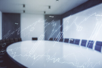Multi exposure of virtual abstract financial graph interface on a modern coworking room background,...