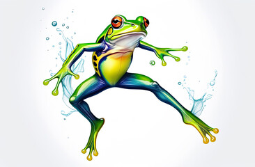 Watercolor frog, white background, spring colors green yellow and red, clipart frog