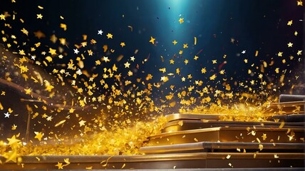 Shiny bright stars and confetti falling on stage, sparkling glowing yellow concept abstract background from Generative AI