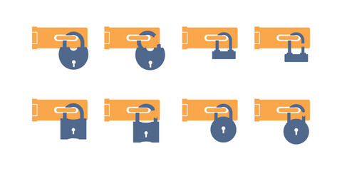 Broken lock, padlock with hinges glyph. Opened and broken or cracked lock padlock icon isolated on white background. Simple solid style. Vector design symbol, illustration flat isolated on background