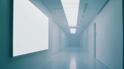 Long hallway with white walls and a blank banner on the wall.